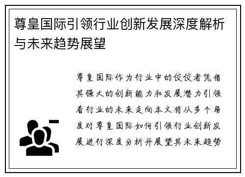尊皇国际引领行业创新发展深度解析与未来趋势展望